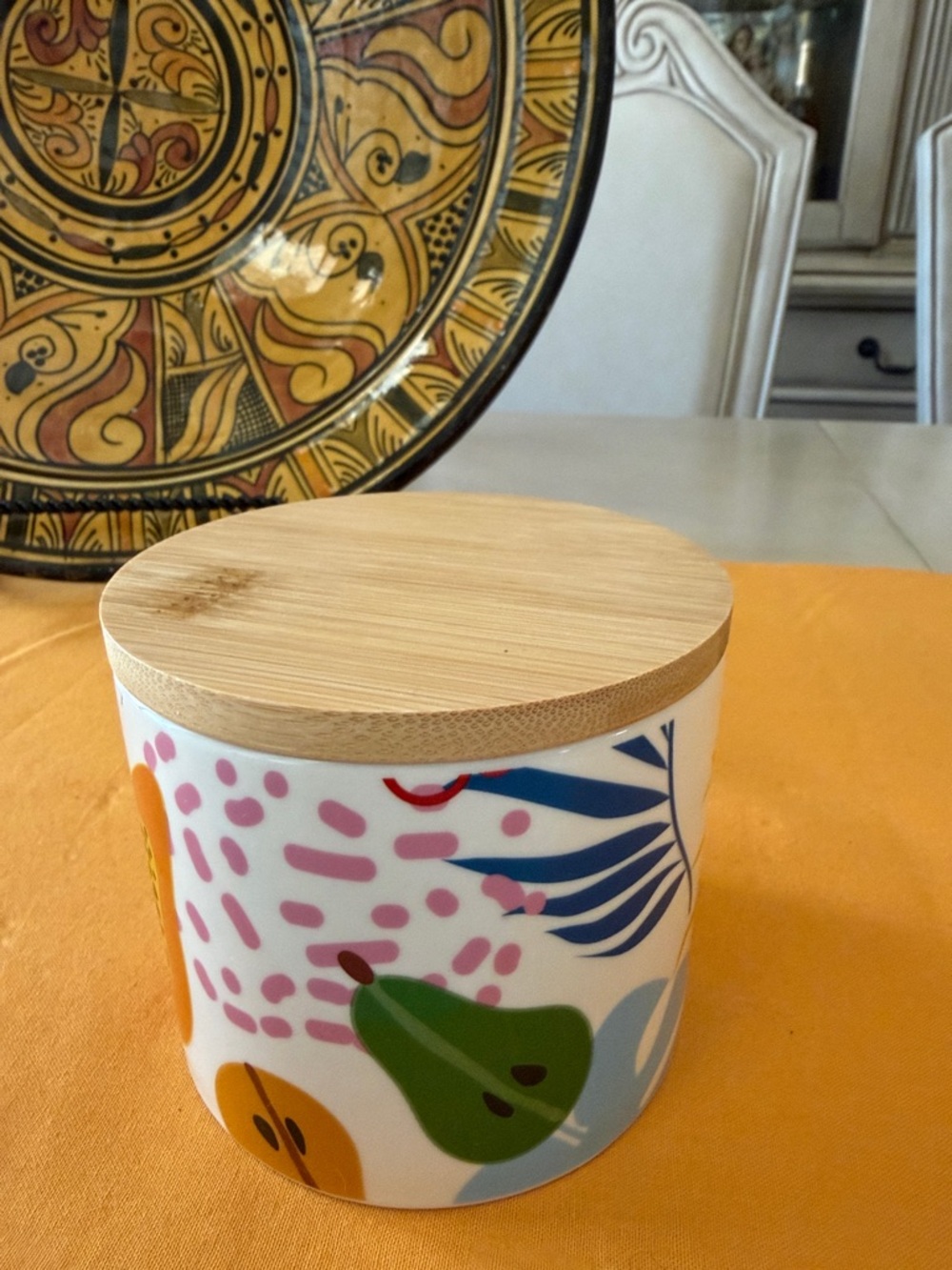 Ceramic Storage Jar with Bamboo Lid - Yellow & Red Leaf Design - Picture 5 of 13
